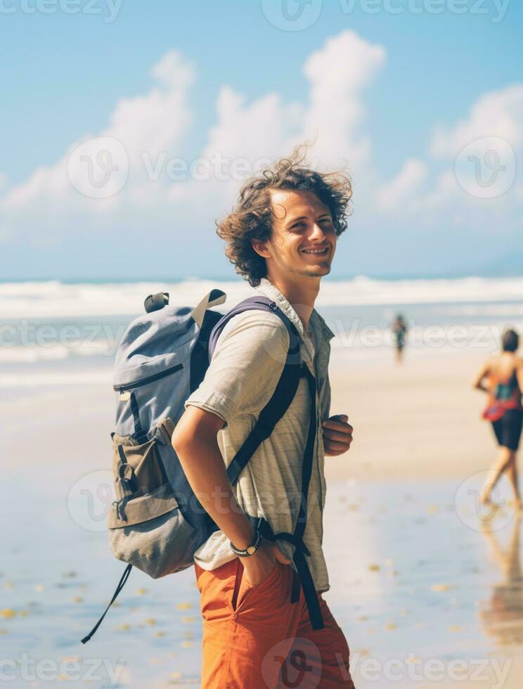 AI generated a photograph of traveler or backpaker in the beach with a many style and many angle photo