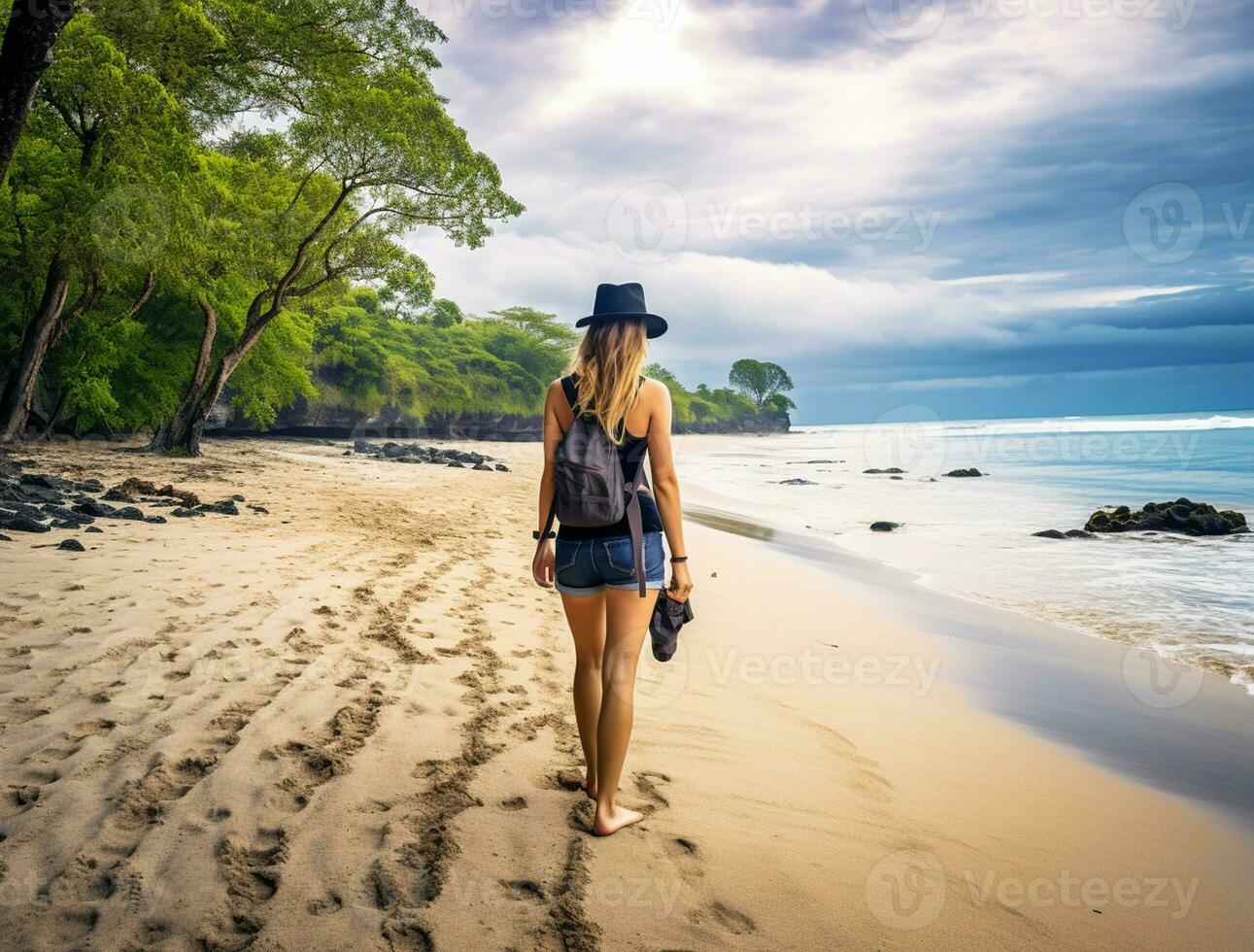 AI generated a photograph of traveler or backpaker in the beach with a many style and many angle photo