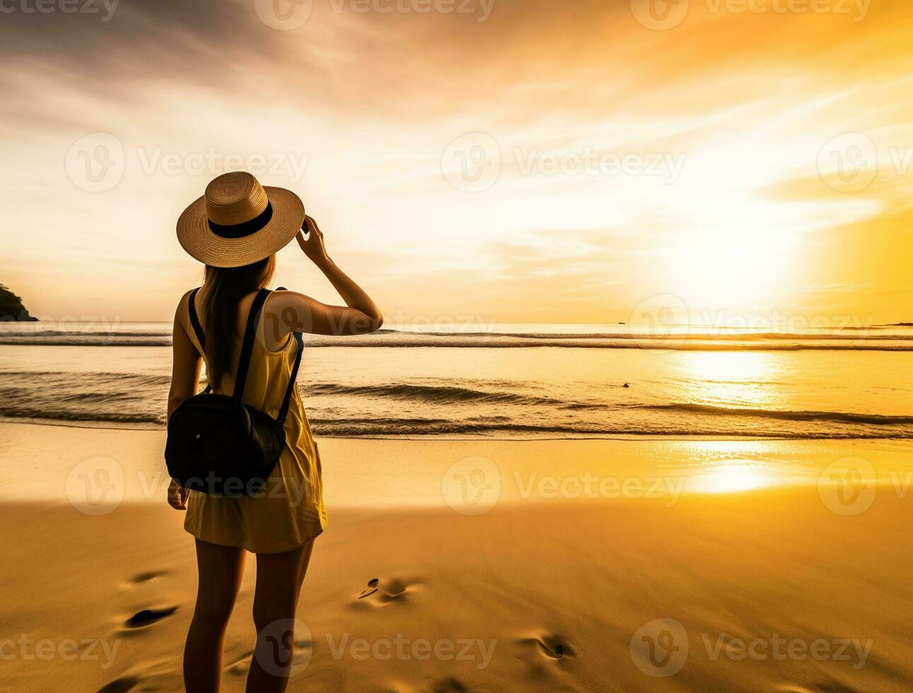 AI generated a photograph of traveler or backpaker in the beach with a many style and many angle photo