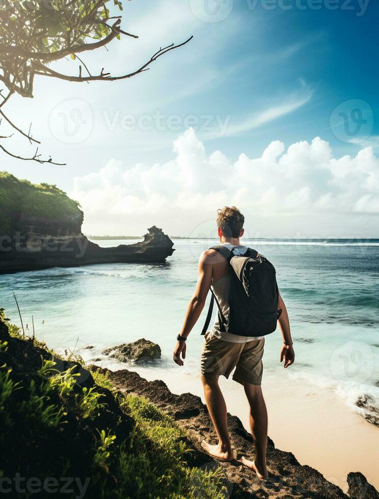 AI generated a photograph of traveler or backpaker in the beach with a many style and many angle photo