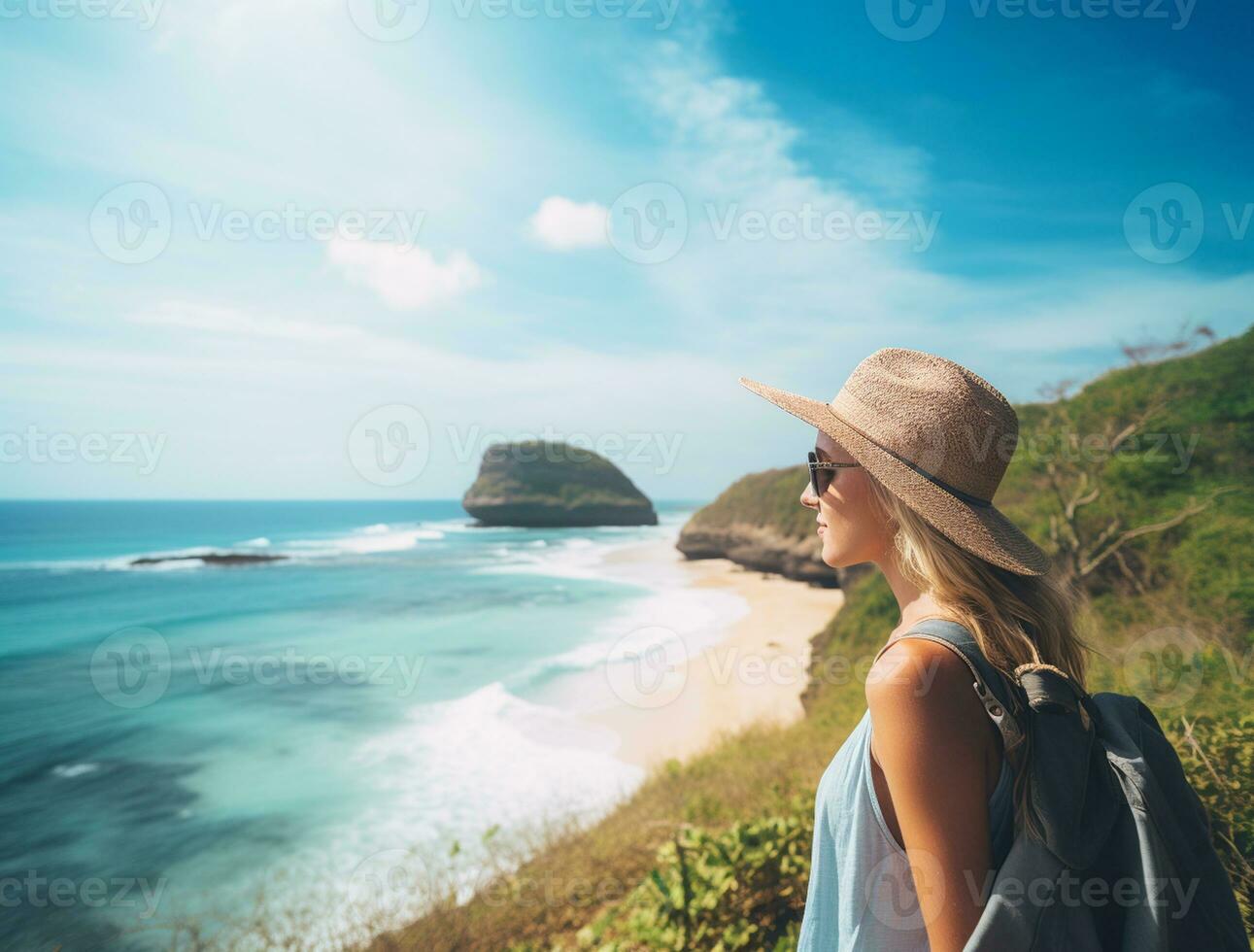 AI generated a photograph of traveler or backpaker in the beach with a many style and many angle photo