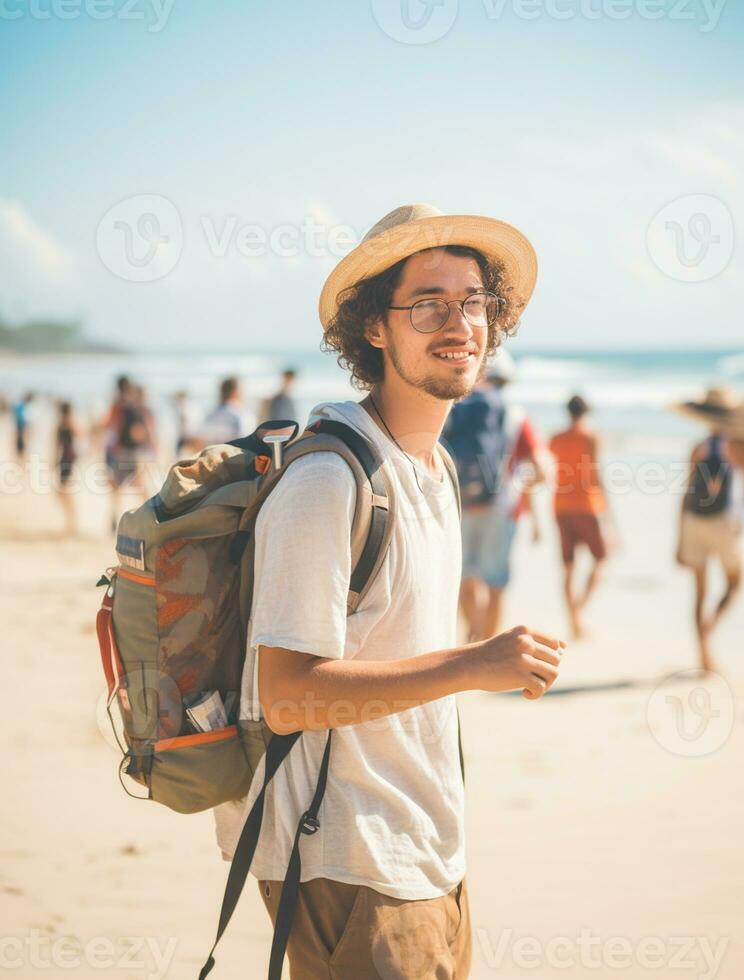 AI generated a photograph of traveler or backpaker in the beach with a many style and many angle photo