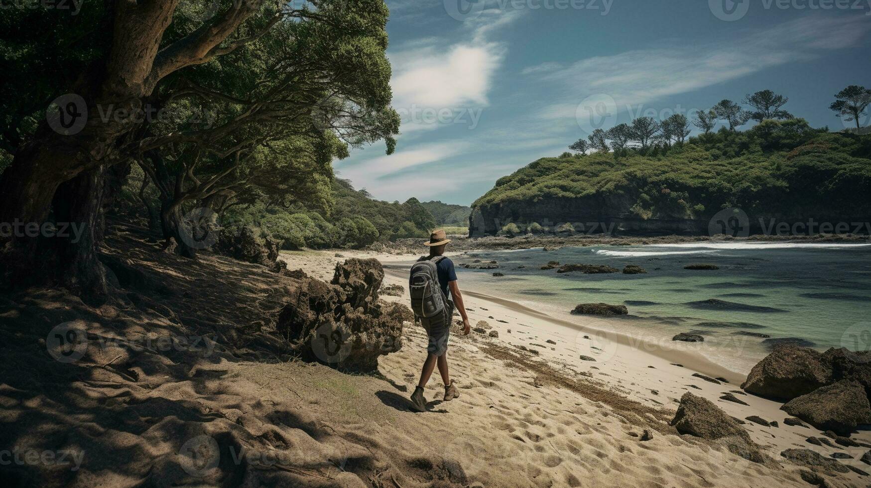 AI generated a photograph of traveler or backpaker in the beach with a many style and many angle photo