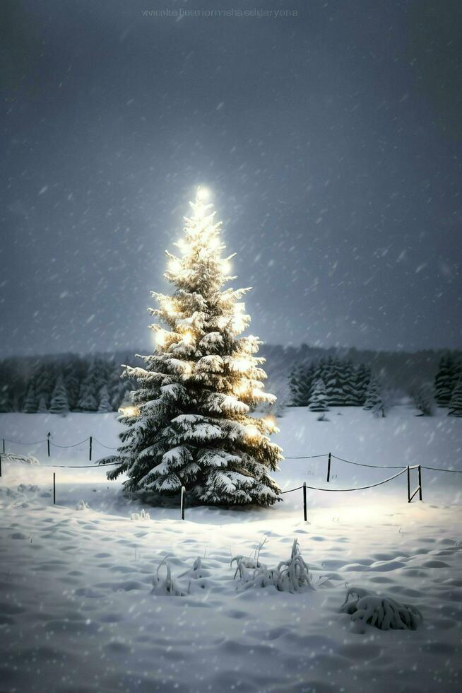 pino arboles o decorado Navidad árbol cubierto por nieve en hermosa invierno. Navidad tema al aire libre por ai generado foto