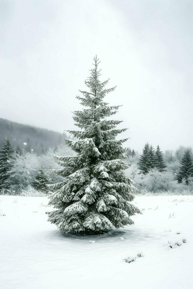 Pine trees or decorated christmas tree covered by snow on beautiful winter. Christmas theme outdoors by AI Generated photo