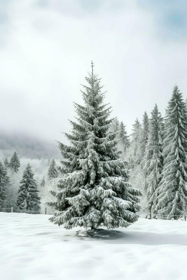 pino arboles o decorado Navidad árbol cubierto por nieve en hermosa invierno. Navidad tema al aire libre por ai generado foto