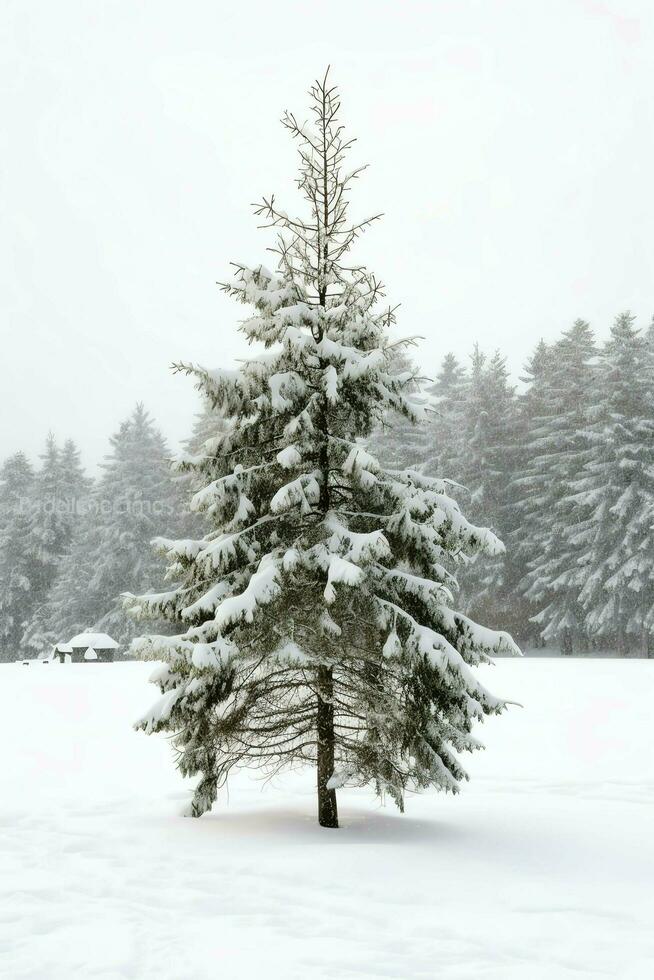 Pine trees or decorated christmas tree covered by snow on beautiful winter. Christmas theme outdoors by AI Generated photo