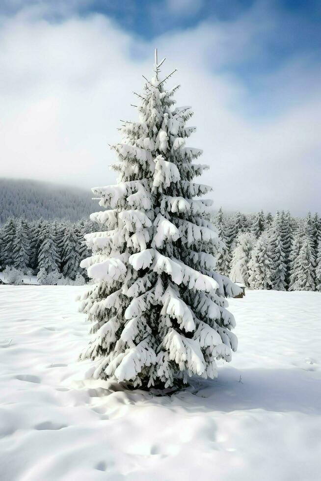 Pine trees or decorated christmas tree covered by snow on beautiful winter. Christmas theme outdoors by AI Generated photo