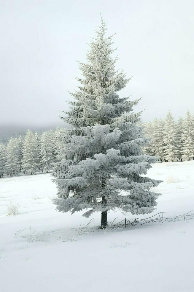 Pine trees or decorated christmas tree covered by snow on beautiful winter. Christmas theme outdoors by AI Generated photo