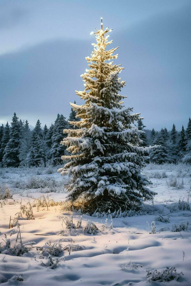 pino arboles o decorado Navidad árbol cubierto por nieve en hermosa invierno. Navidad tema al aire libre por ai generado foto