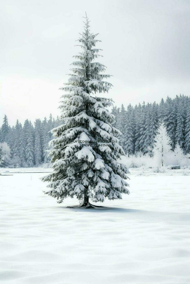 pino arboles o decorado Navidad árbol cubierto por nieve en hermosa invierno. Navidad tema al aire libre por ai generado foto