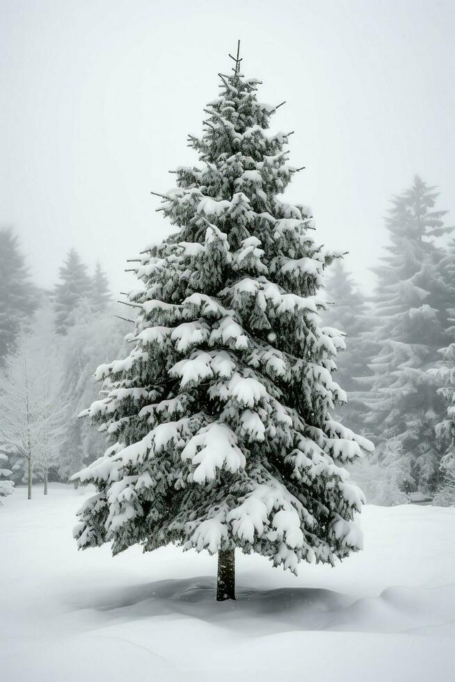 pino arboles o decorado Navidad árbol cubierto por nieve en hermosa invierno. Navidad tema al aire libre por ai generado foto