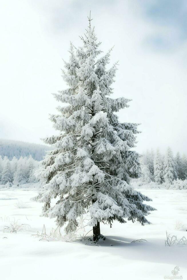 pino arboles o decorado Navidad árbol cubierto por nieve en hermosa invierno. Navidad tema al aire libre por ai generado foto