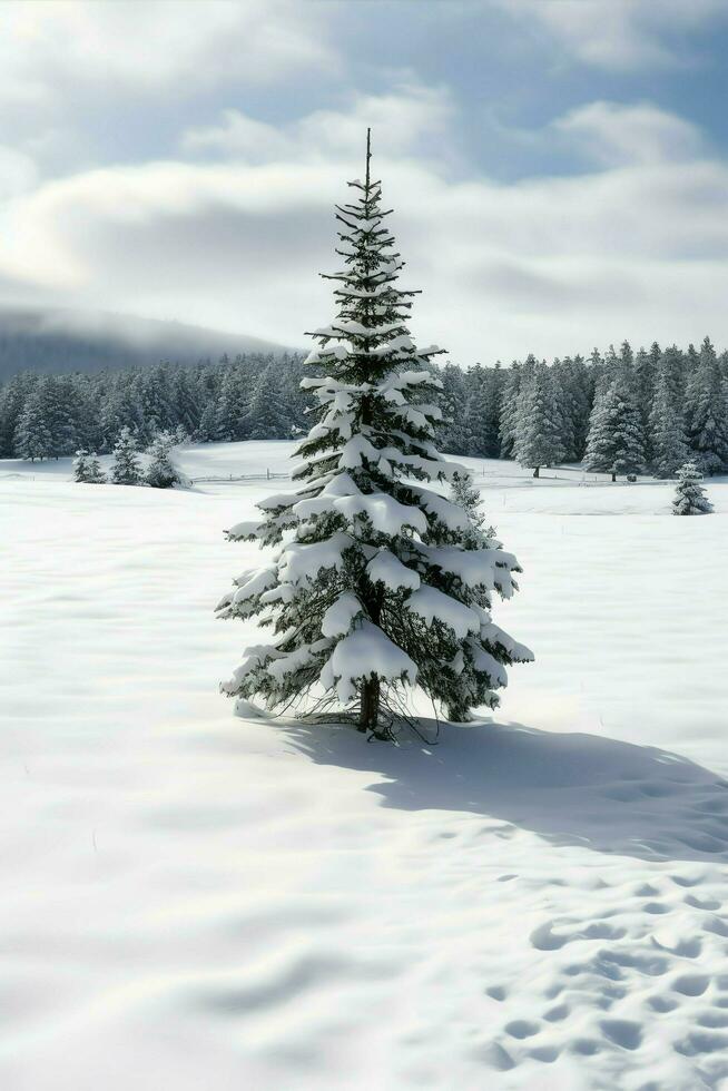 Pine trees or decorated christmas tree covered by snow on beautiful winter. Christmas theme outdoors by AI Generated photo