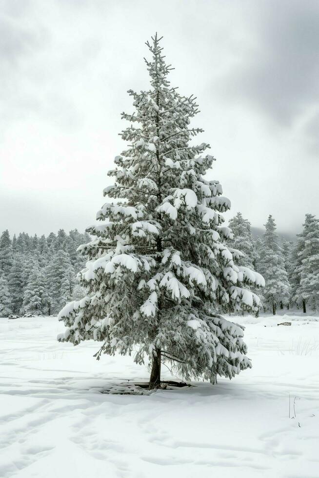 Pine trees or decorated christmas tree covered by snow on beautiful winter. Christmas theme outdoors by AI Generated photo