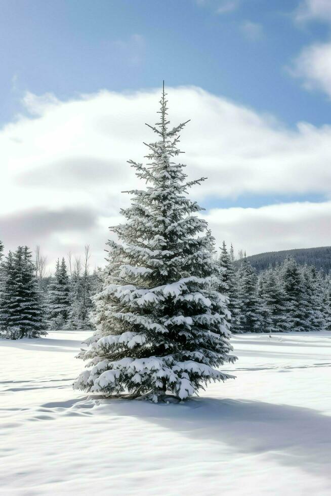 Pine trees or decorated christmas tree covered by snow on beautiful winter. Christmas theme outdoors by AI Generated photo