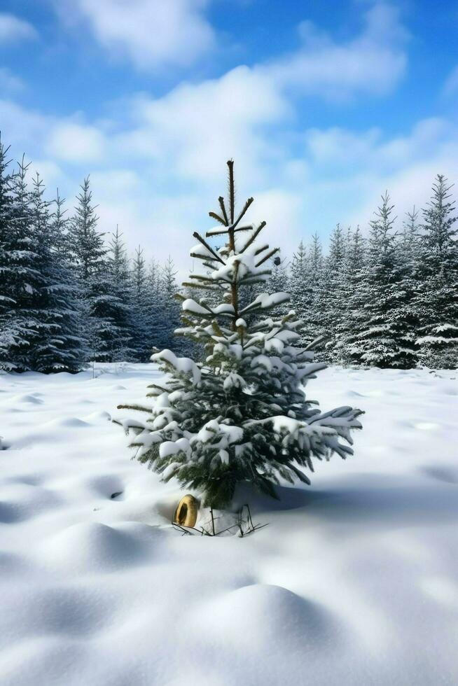 Pine trees or decorated christmas tree covered by snow on beautiful winter. Christmas theme outdoors by AI Generated photo