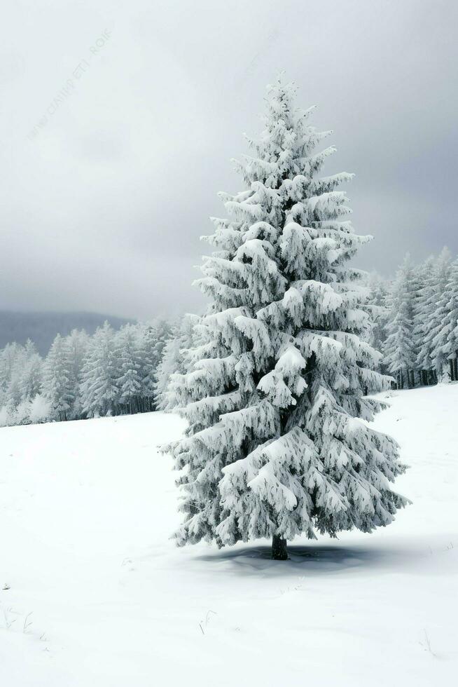 pino arboles o decorado Navidad árbol cubierto por nieve en hermosa invierno. Navidad tema al aire libre por ai generado foto