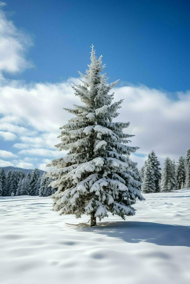 pino arboles o decorado Navidad árbol cubierto por nieve en hermosa invierno. Navidad tema al aire libre por ai generado foto