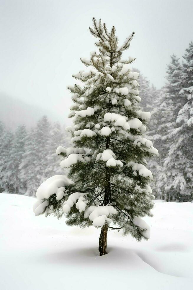 pino arboles o decorado Navidad árbol cubierto por nieve en hermosa invierno. Navidad tema al aire libre por ai generado foto