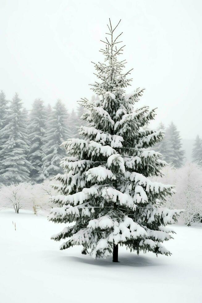 Pine trees or decorated christmas tree covered by snow on beautiful winter. Christmas theme outdoors by AI Generated photo