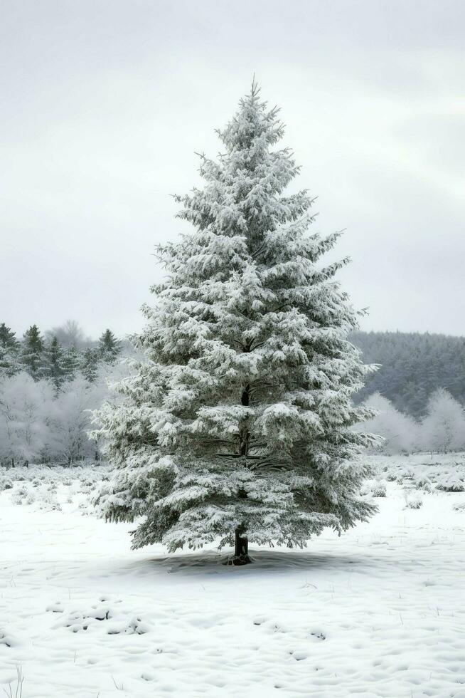 pino arboles o decorado Navidad árbol cubierto por nieve en hermosa invierno. Navidad tema al aire libre por ai generado foto