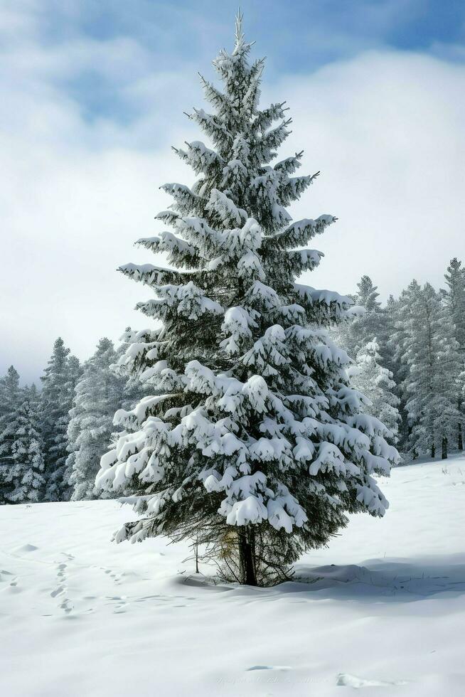 pino arboles o decorado Navidad árbol cubierto por nieve en hermosa invierno. Navidad tema al aire libre por ai generado foto