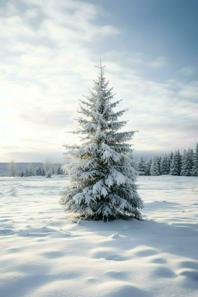 pino arboles o decorado Navidad árbol cubierto por nieve en hermosa invierno. Navidad tema al aire libre por ai generado foto