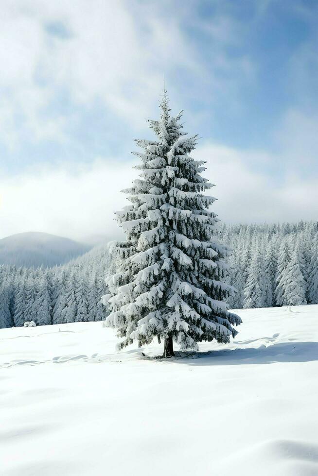 pino arboles o decorado Navidad árbol cubierto por nieve en hermosa invierno. Navidad tema al aire libre por ai generado foto