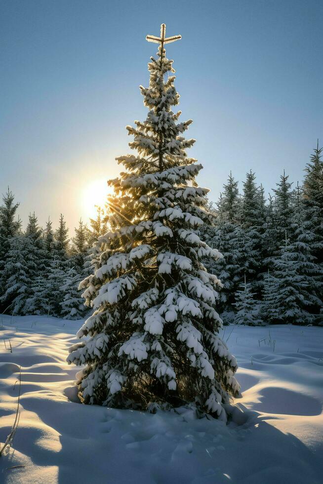 pino arboles o decorado Navidad árbol cubierto por nieve en hermosa invierno. Navidad tema al aire libre por ai generado foto