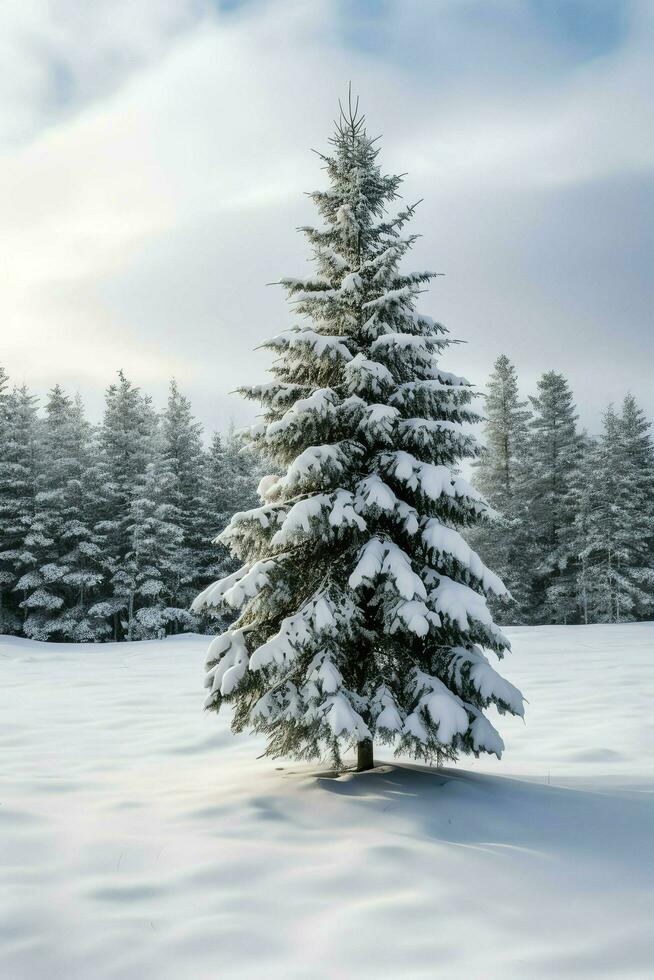 pino arboles o decorado Navidad árbol cubierto por nieve en hermosa invierno. Navidad tema al aire libre por ai generado foto