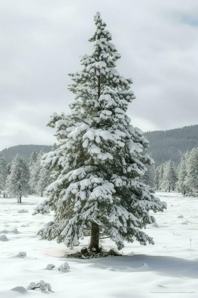 Pine trees or decorated christmas tree covered by snow on beautiful winter. Christmas theme outdoors by AI Generated photo