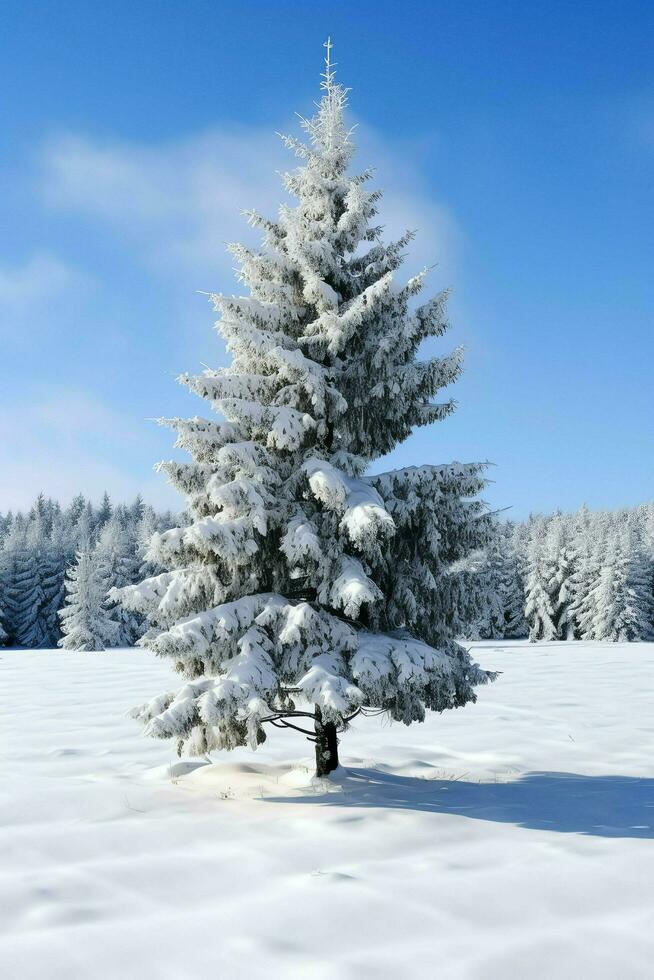 pino arboles o decorado Navidad árbol cubierto por nieve en hermosa invierno. Navidad tema al aire libre por ai generado foto