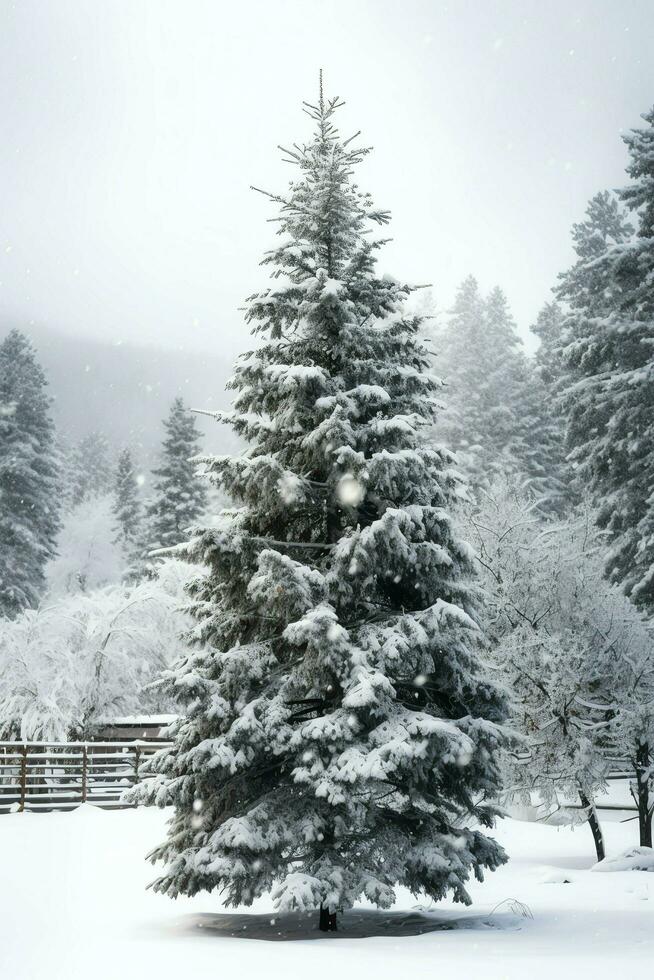 Pine trees or decorated christmas tree covered by snow on beautiful winter. Christmas theme outdoors by AI Generated photo