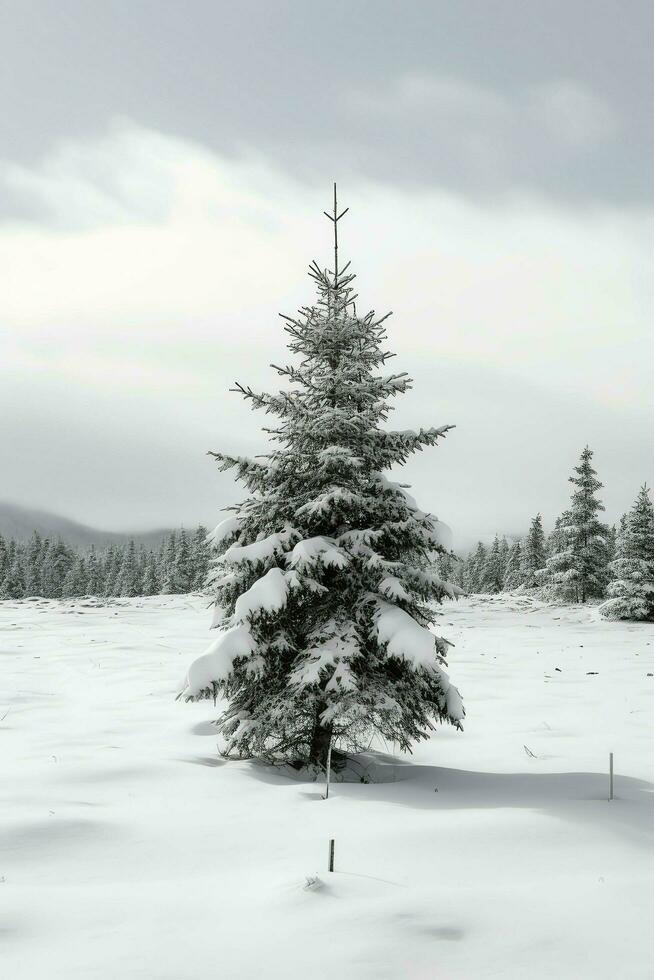 Pine trees or decorated christmas tree covered by snow on beautiful winter. Christmas theme outdoors by AI Generated photo