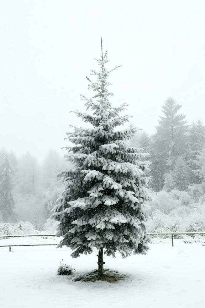 pino arboles o decorado Navidad árbol cubierto por nieve en hermosa invierno. Navidad tema al aire libre por ai generado foto