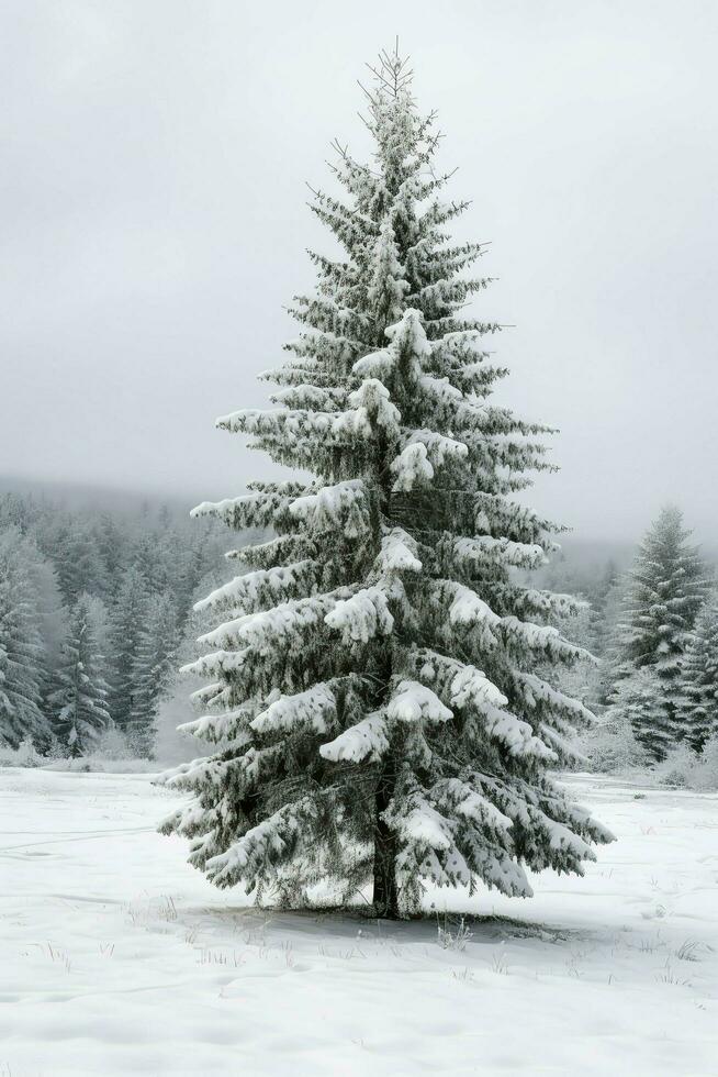 Pine trees or decorated christmas tree covered by snow on beautiful winter. Christmas theme outdoors by AI Generated photo