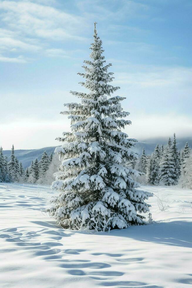Pine trees or decorated christmas tree covered by snow on beautiful winter. Christmas theme outdoors by AI Generated photo