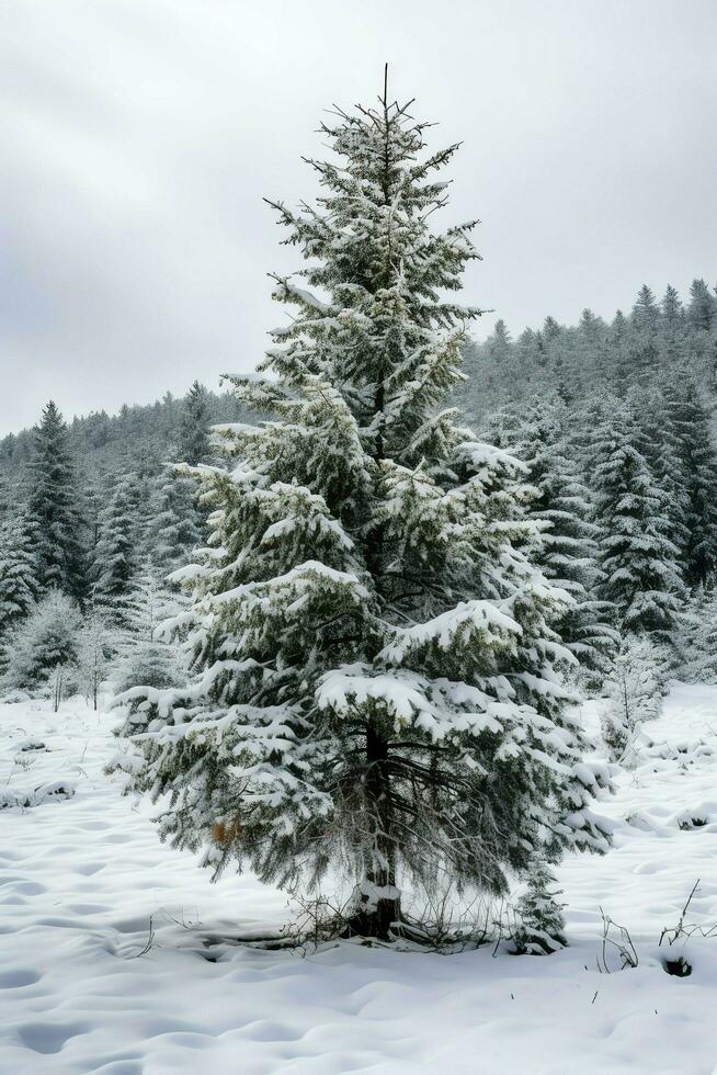 Pine trees or decorated christmas tree covered by snow on beautiful winter. Christmas theme outdoors by AI Generated photo