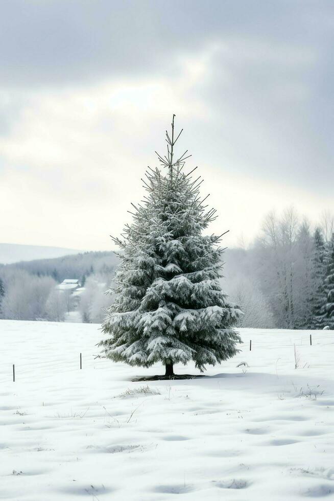 pino arboles o decorado Navidad árbol cubierto por nieve en hermosa invierno. Navidad tema al aire libre por ai generado foto