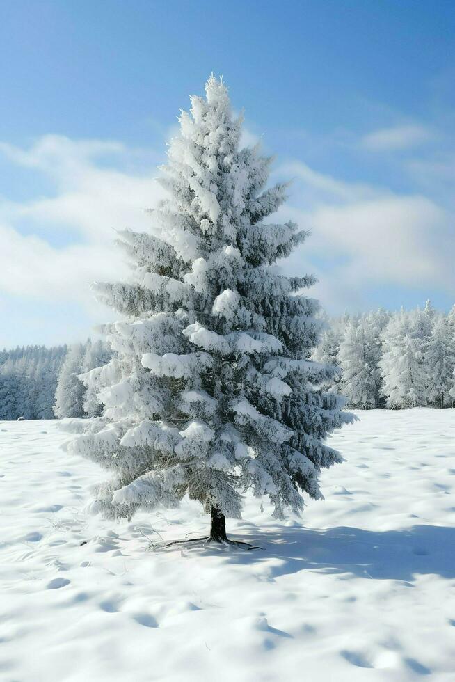 pino arboles o decorado Navidad árbol cubierto por nieve en hermosa invierno. Navidad tema al aire libre por ai generado foto