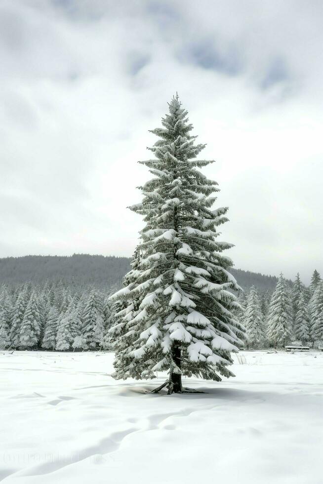 Pine trees or decorated christmas tree covered by snow on beautiful winter. Christmas theme outdoors by AI Generated photo