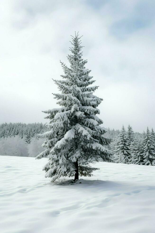 Pine trees or decorated christmas tree covered by snow on beautiful winter. Christmas theme outdoors by AI Generated photo