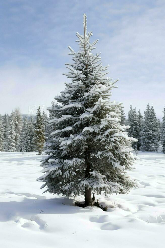 Pine trees or decorated christmas tree covered by snow on beautiful winter. Christmas theme outdoors by AI Generated photo