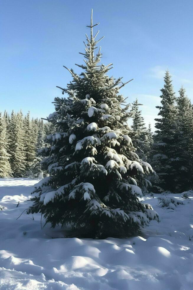 Pine trees or decorated christmas tree covered by snow on beautiful winter. Christmas theme outdoors by AI Generated photo