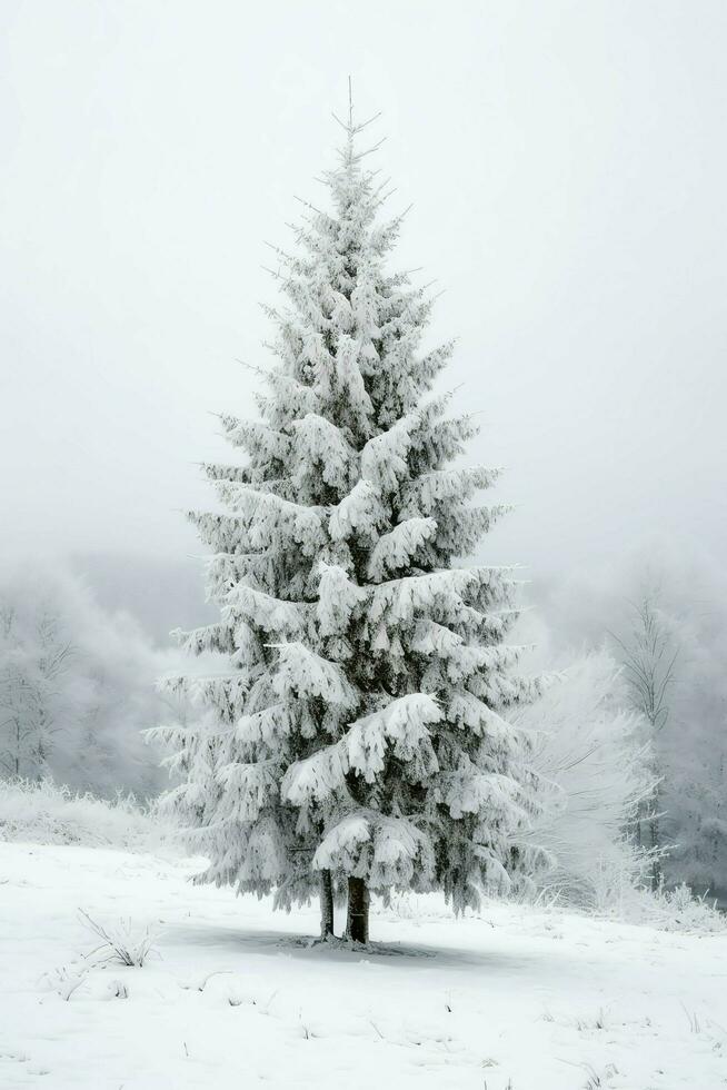 Pine trees or decorated christmas tree covered by snow on beautiful winter. Christmas theme outdoors by AI Generated photo