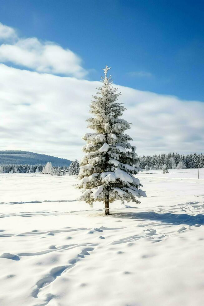 Pine trees or decorated christmas tree covered by snow on beautiful winter. Christmas theme outdoors by AI Generated photo