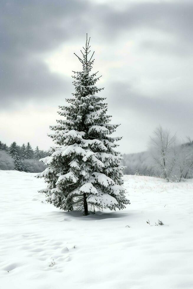 Pine trees or decorated christmas tree covered by snow on beautiful winter. Christmas theme outdoors by AI Generated photo