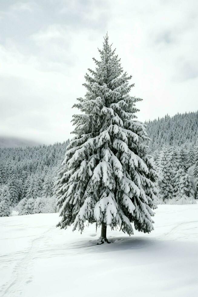 Pine trees or decorated christmas tree covered by snow on beautiful winter. Christmas theme outdoors by AI Generated photo