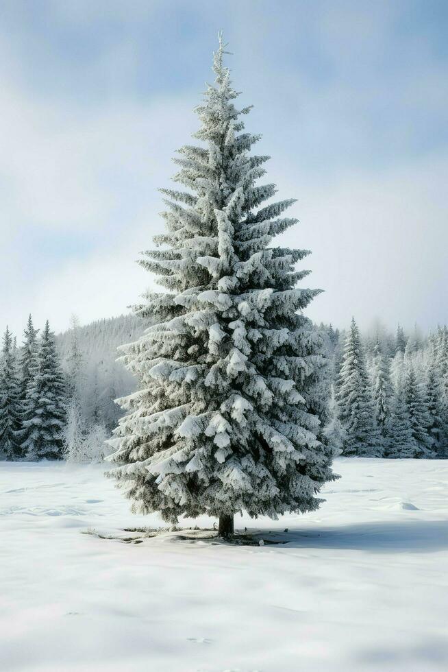 Pine trees or decorated christmas tree covered by snow on beautiful winter. Christmas theme outdoors by AI Generated photo